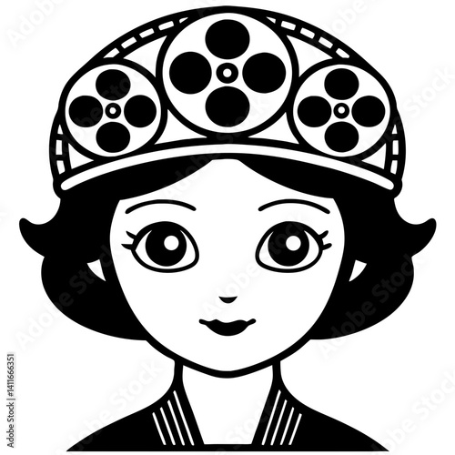 Cute Cartoon Girl with Film Reel Hat Perfect for Coloring Books and Tattoo Designs