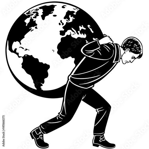 Person Struggling to Carry Globe Representing Global Burden and Responsibility