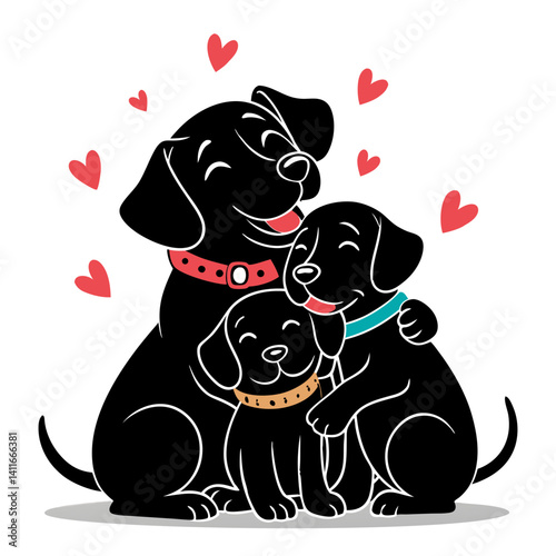Happy Black Dogs Family with Love Hearts Perfect for Pet Lovers and Dog Lovers Artwork