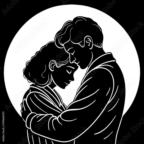 Romantic Embrace Silhouette of Couple Love Kiss Minimalist Line Art Design