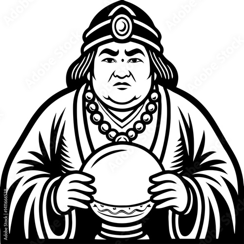 Wise Fortune Teller Holding Crystal Ball Minimalist Vector Design for Tattoo and Coloring Projects