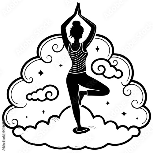 Meditating Woman Silhouette in Yoga Pose Surrounded by Clouds and Stars for Relaxation Artwork
