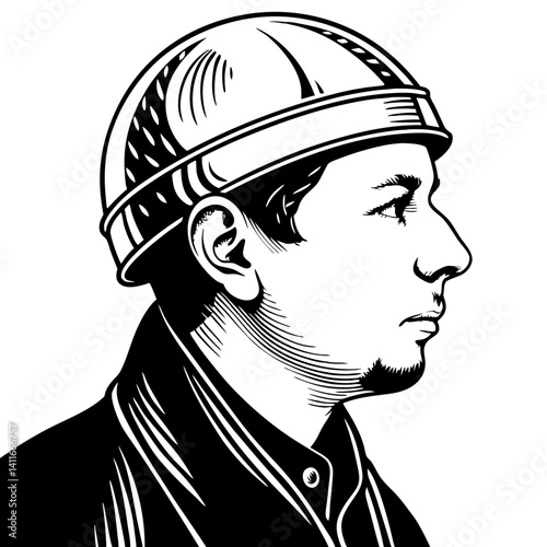 Detailed Vintage Portrait of a Worker in a Hard Hat Profile for Illustrative Designs