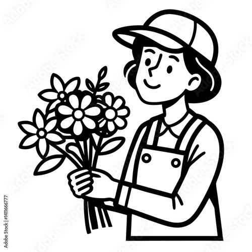 Cheerful Flower Gardener Holding a Fresh Bouquet in Stylish Overalls for Nature Inspired Designs