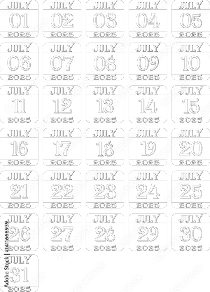 July calendar 2025 line art icon set .Agenda plan, july month schedule calendar and Time planner.Meeting appointment time.Calendar Event schedule date.calendar date icon on white background. July calendar 2025 line art icon set .Agenda plan, july month schedule calendar and Time planner.Meeting appointment time.Calendar Event schedule date.calendar date icon on white background.