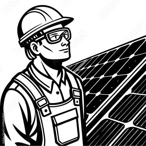 Solar Energy Technician Gazing at Solar Panels in Professional Safety Gear