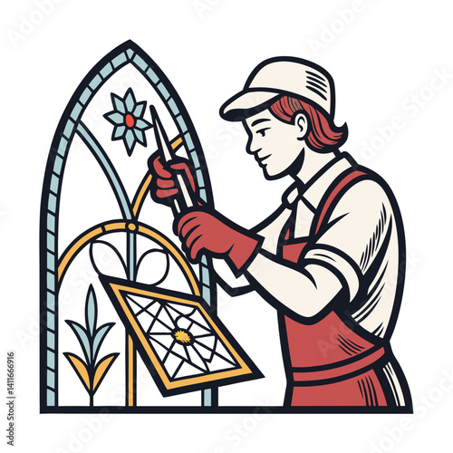 Stained Glass Artist Crafting Intricate Window Design with Tools and Floral Elements