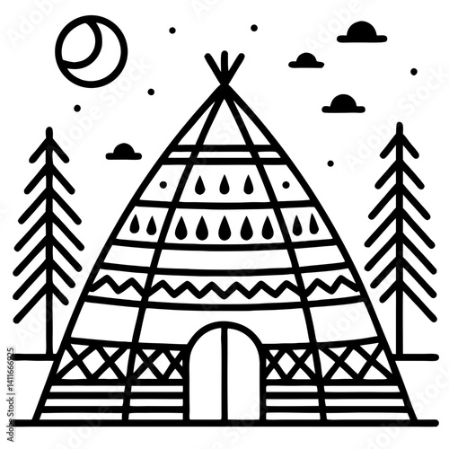 Stylized Teepee with Trees and Moon for Outdoor Adventure Themes and Decor Projects