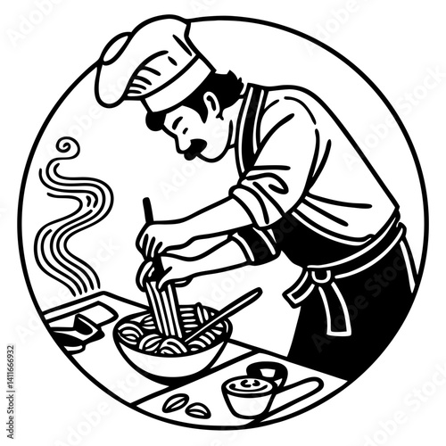 Chef Cooking Noodles in a Bowl with Steam Rising in a Kitchen Illustration