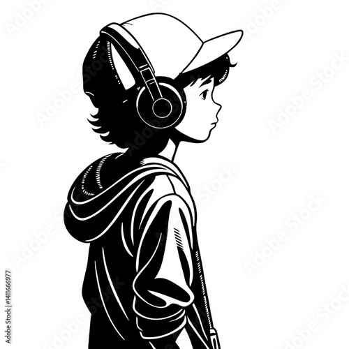 Stylish Boy with Headphones Wearing Cap in Profile Vector Illustration for Fashion and Music Designs