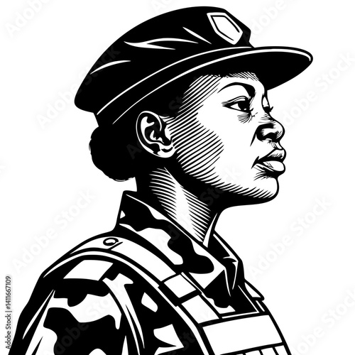 Confident Black Female Soldier in Military Uniform with Cap in Profile View