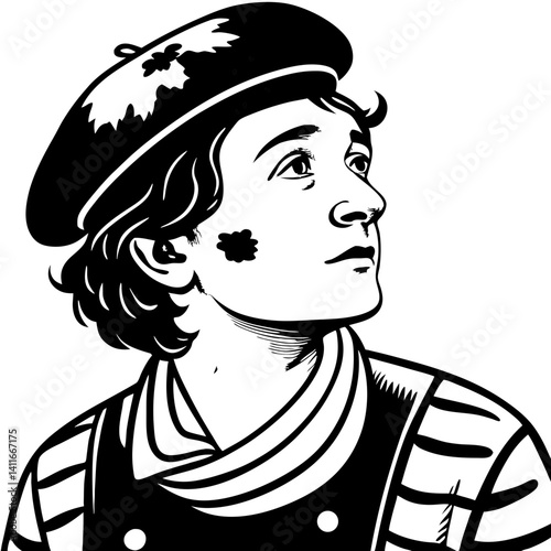 Young Boy in Striped Shirt and Beret Looking Upwards Retro Illustration for Tattoo and Design