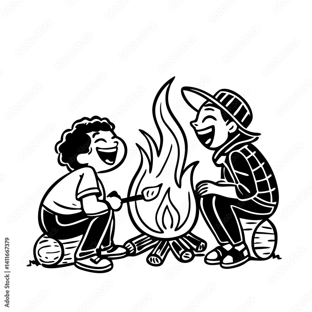 Happy Kids Enjoying Campfire Storytelling with Roasting Marshmallows in Nature Happy Kids Enjoying Campfire Storytelling with Roasting Marshmallows in Nature