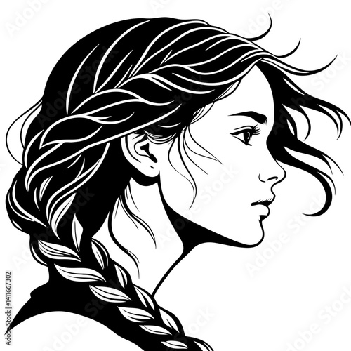 Elegant Profile of a Woman with Braided Hair and Flowing Locks for Tattoo and Design