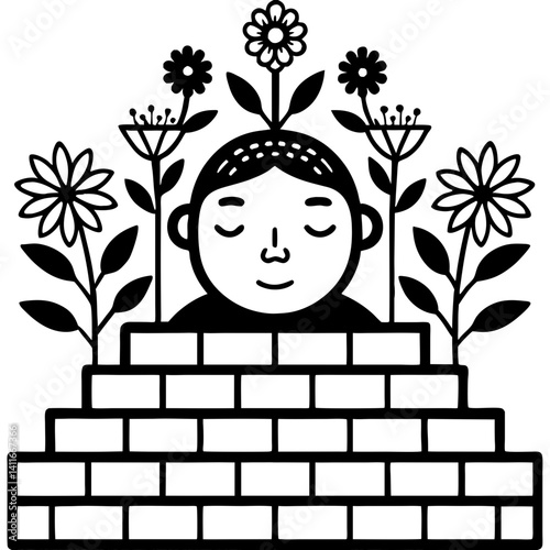 Meditative Character Surrounded by Flowers and Bricks Symbolizing Growth and Tranquility
