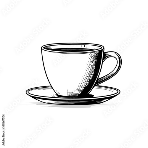 Stylish Hand-Drawn Coffee Cup and Saucer Design Perfect for Beverage Art and Illustrations