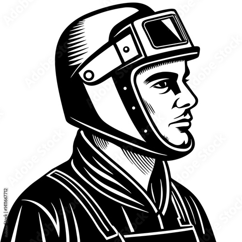 Vintage Racing Driver Illustration with Helmet Detailed Profile Design for Tattoo and Decor