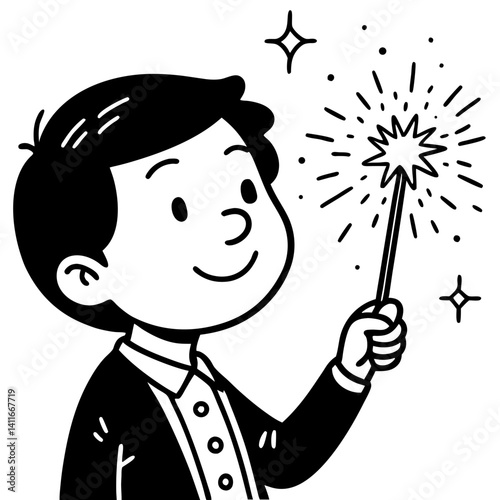Cheerful Boy Holding Magic Wand Creating Sparks for Kids Party Decorations and Coloring Pages