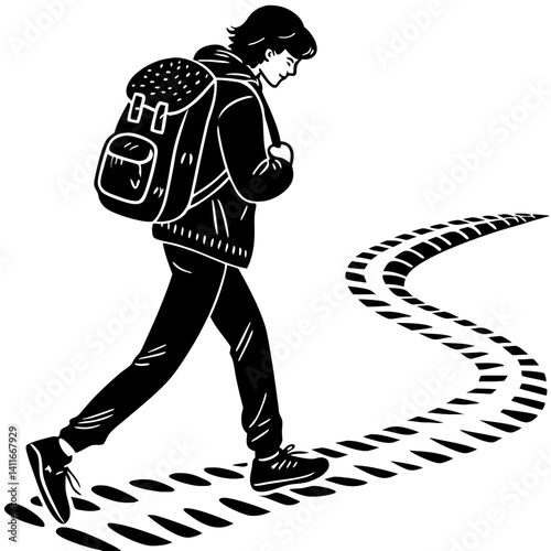 Person with Backpack Walking Along a Winding Pathway in Black and White Illustration