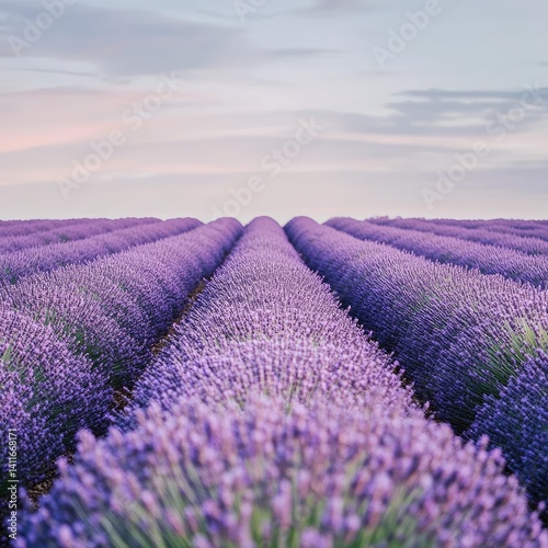 Rows of vibrant purple lavender blooming across a wide open field