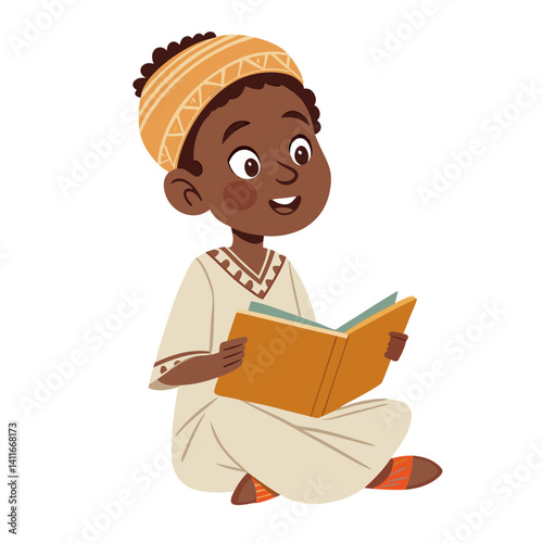 Joyful Child Reading a Book in Traditional African Attire Vector Illustration