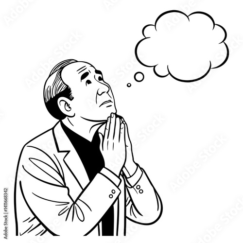 Pensive Man with Hands Together in Prayer Expression and Thought Bubble Vector