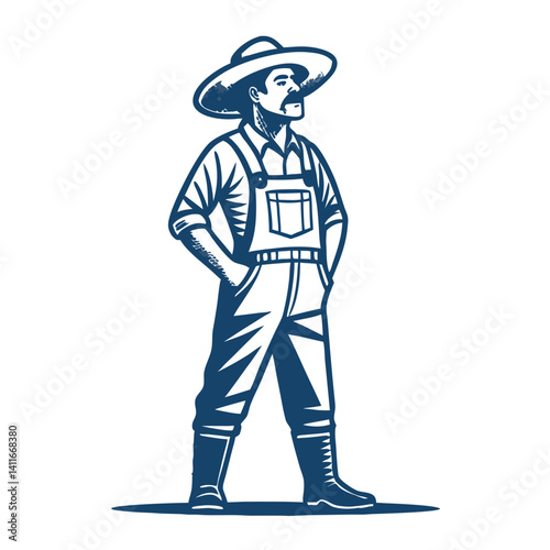 Confident Farmer Standing with Hands in Pockets Wearing Hat and Overalls