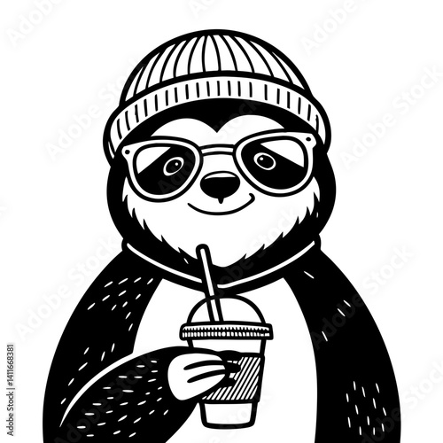 Hipster Sloth Wearing Sunglasses and Beanie Holding a Beverage Ideal for Fun Designs