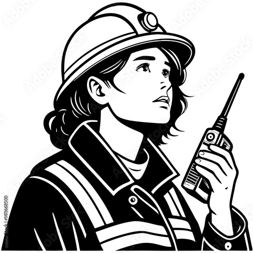 Female Firefighter Communicating with Walkie Talkie in Protective Gear