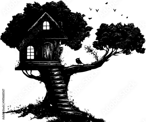 Tree house fantasy architecture, Tree house vector image