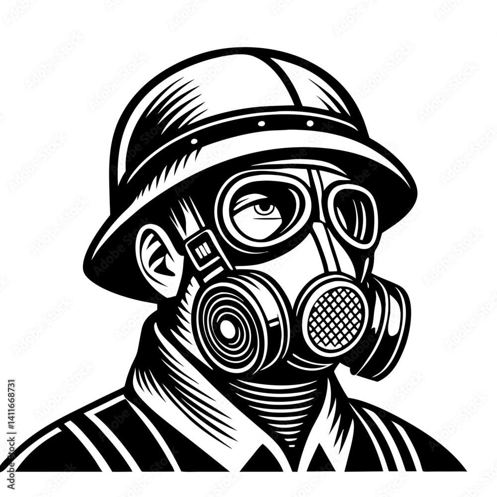 Obraz premium Vintage Soldier with Gas Mask Headgear Illustration for Military Themes and Tattoo Designs