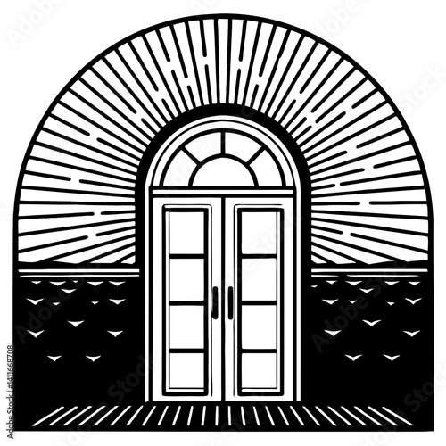 Stylized Doorway with Radiating Sunbeams and Minimalist Design for Home Decor Inspiration