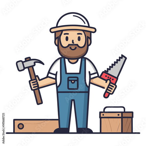 Craftsman Character with Hammer and Saw for Construction and DIY Projects