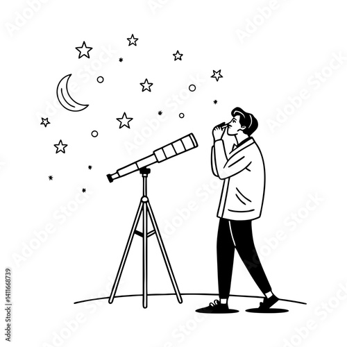 Young Astronomer Observing Stars and Moon with Telescope Vector Illustration