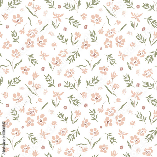 Lovely vector seamless pattern with tiny pink flowers on white background. Hand-drawn in doodle style. Textile, background, packaging.