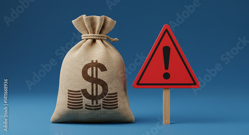 A money bag with a dollar sign and coins next to a red warning sign on a blue gradient background