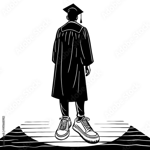 Graduation Celebration Illustration of Student in Cap and Gown with Stylish Sneakers