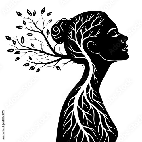 Surreal Silhouette of Woman with Tree Branches and Roots for Nature Inspired Designs