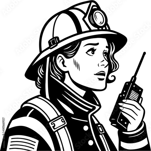 Brave Female Firefighter Communicating with Radio in Professional Gear