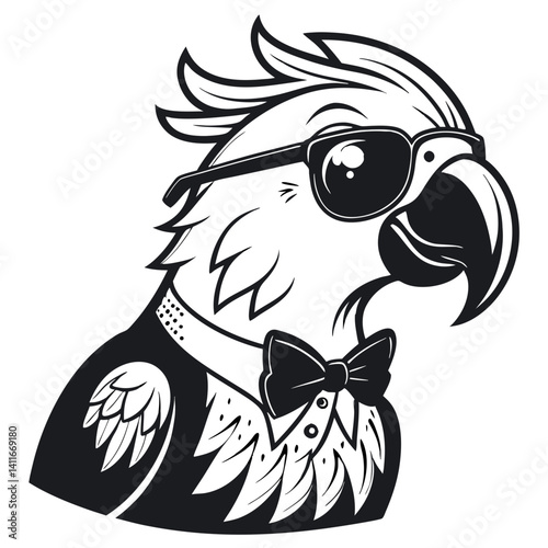 Stylish Parrot Illustration with Sunglasses and Bow Tie Ideal for Tattoo and Graphic Design