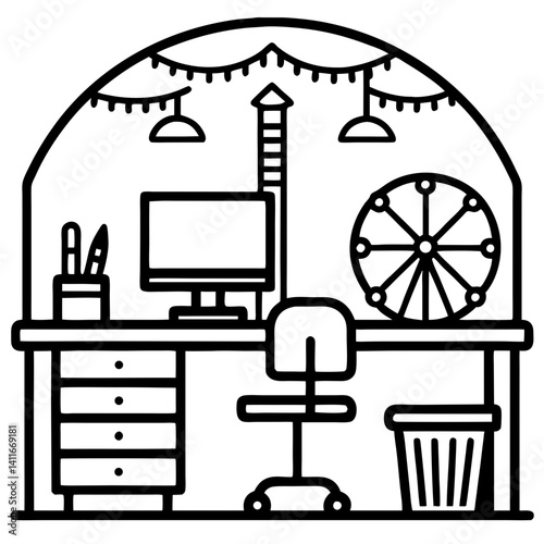 Cozy Home Office Workspace Design with Computer Desk Chair Stationery and Decorative Wheel