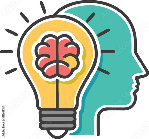 Conceptual Light Bulb with Brain Inside Overlapping Teal Head Outline Design