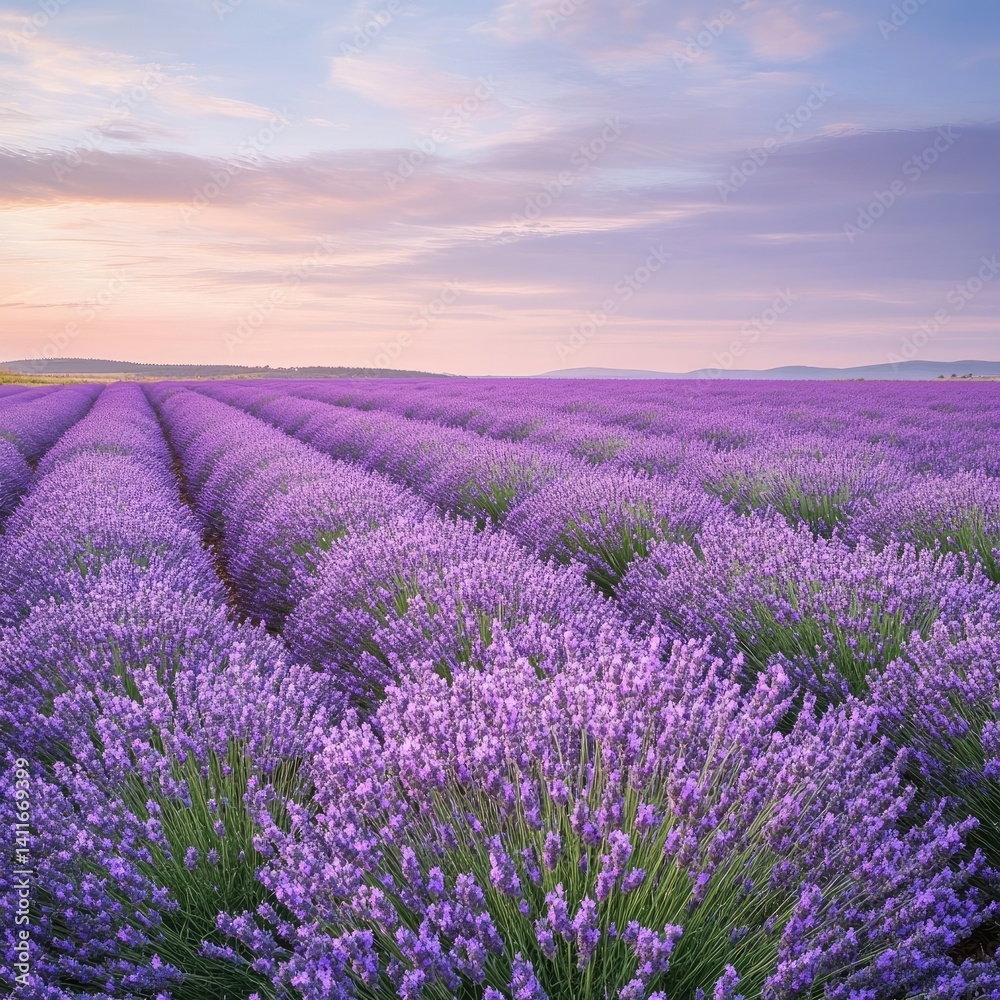 Obraz premium A breathtaking landscape of vibrant lavender field at golden hour