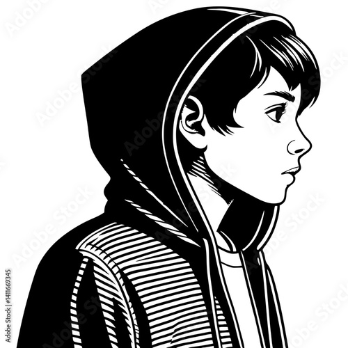 Profile Portrait of a Thoughtful Boy in Hoodie Black and White Vector Illustration