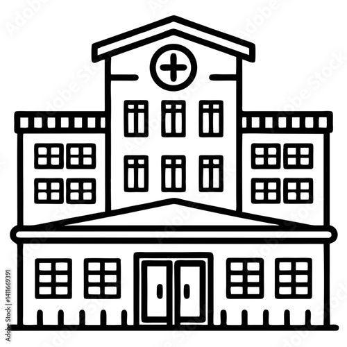 Detailed Outline of a Classic Hospital Building Ideal for Medical and Health Themes