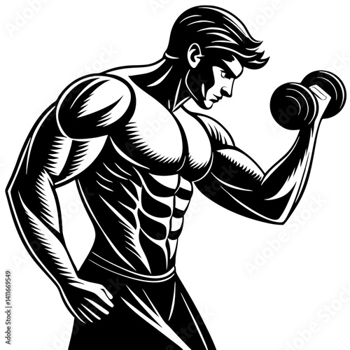 Muscular Man Lifting Dumbbell Strong Fitness Workout Vector Graphic for Gym and Exercise Designs