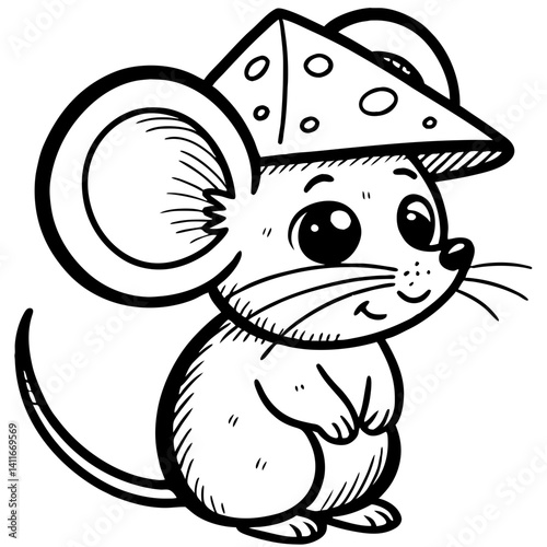 Cute Cartoon Mouse with Cheese Hat Perfect for Coloring Books and Kids Crafts