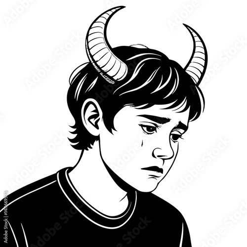 Sad Boy with Horns Illustrating Inner Struggles and Emotions for Unique Art Designs