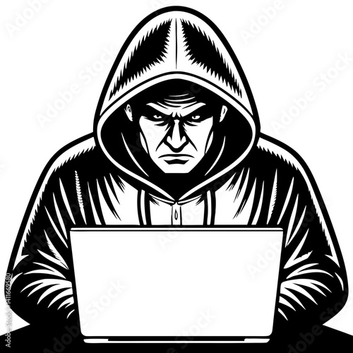 Intense Hacker Concentrating on Laptop in Dark Hoodie Vector Illustration