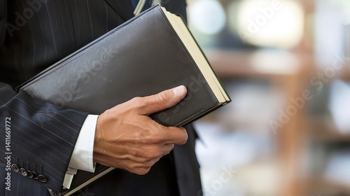 Executive holding an employee handbook while leading a seminar.